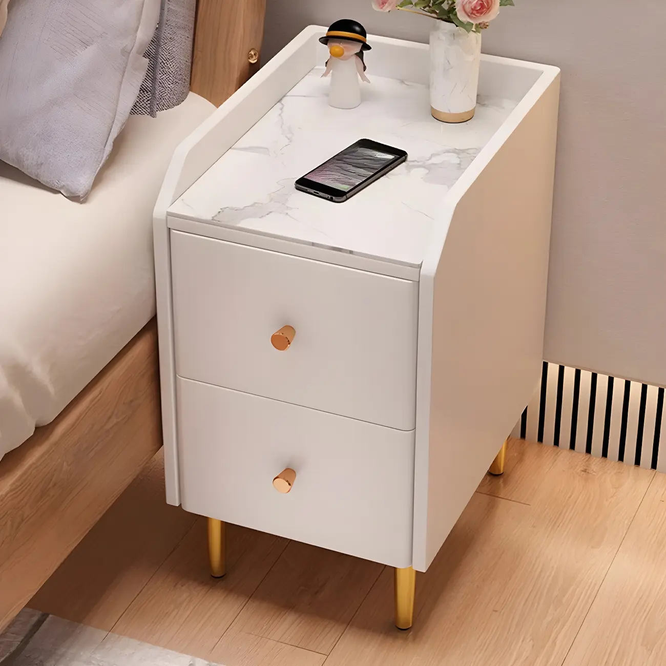 Narrow Faux Leather Drawer Nightstand with Stone Countertop Image - 4 | homeyfad