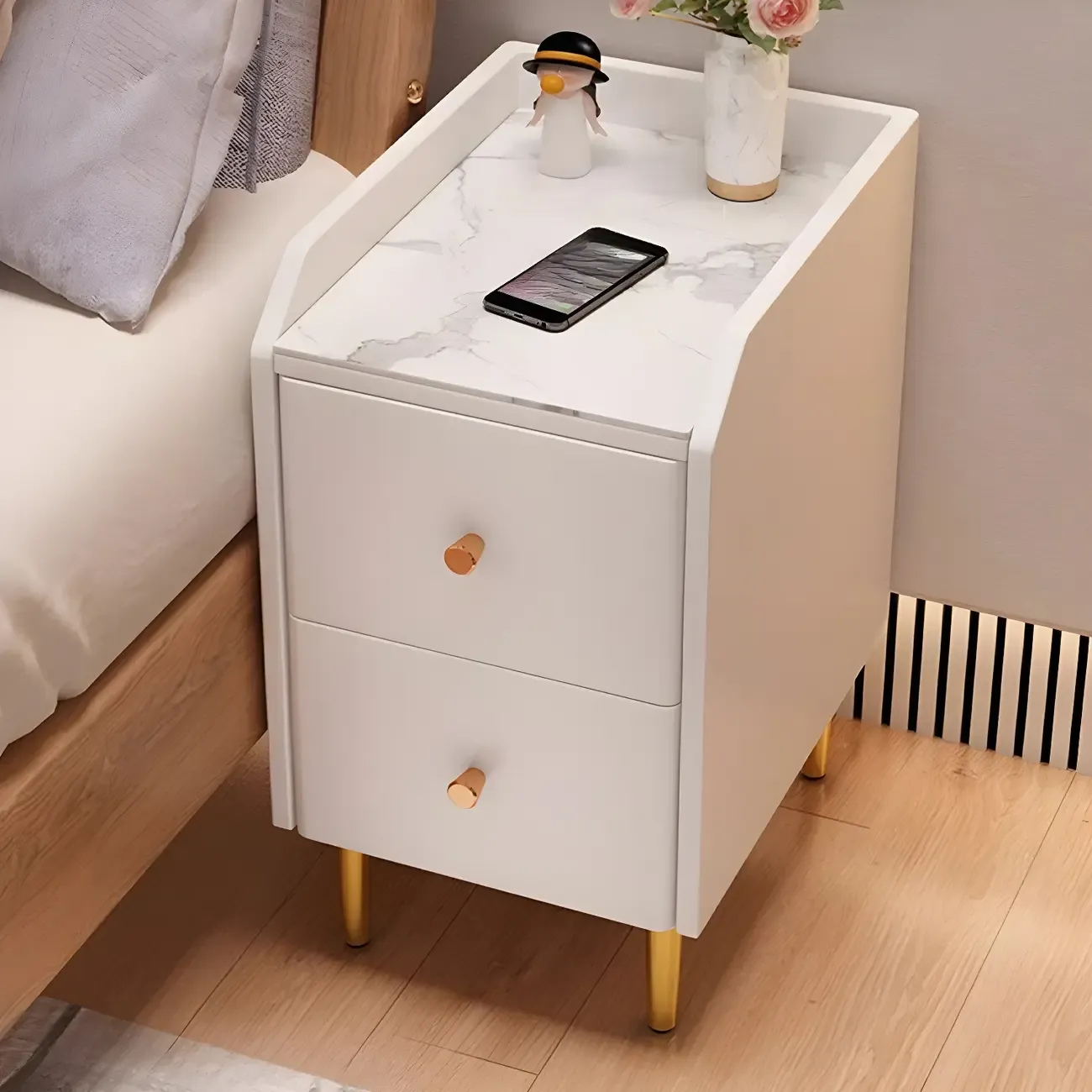 Narrow Faux Leather Drawer Nightstand with Stone Countertop Image - 4