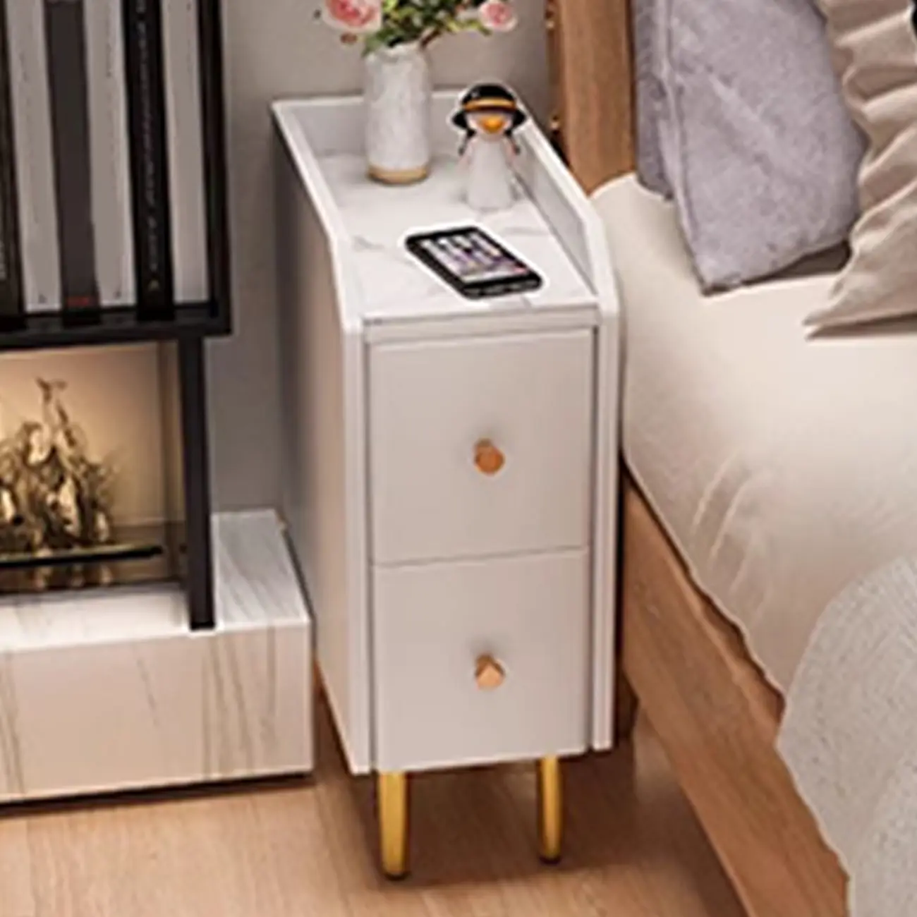 Narrow Faux Leather Drawer Nightstand with Stone Countertop Image - 13 | homeyfad