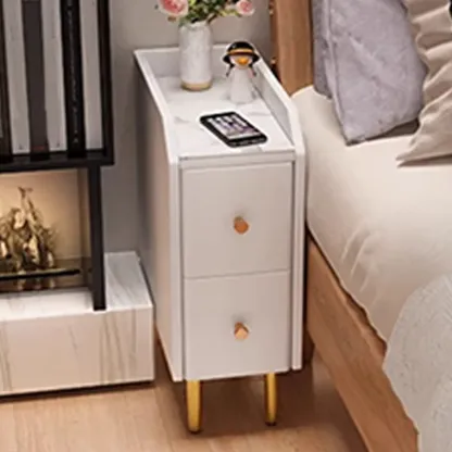 Narrow Faux Leather Drawer Nightstand with Stone Countertop Image - 13