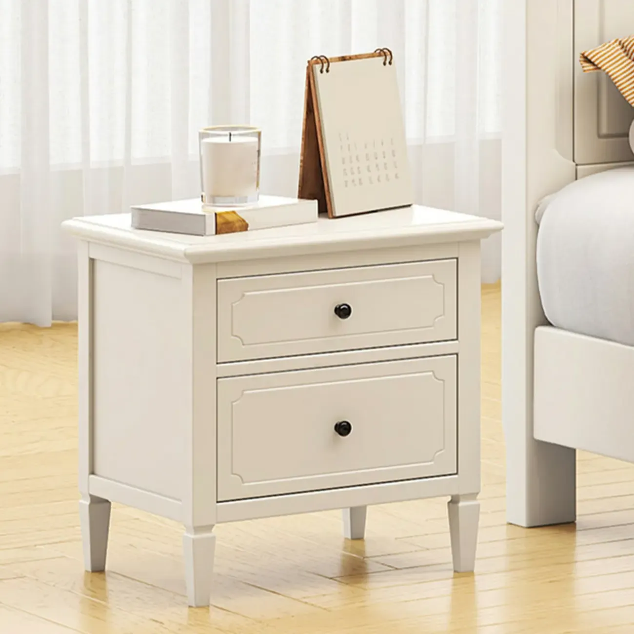 White Rubberwood 2 Drawers Narrow Nightstand with Legs Image - 1