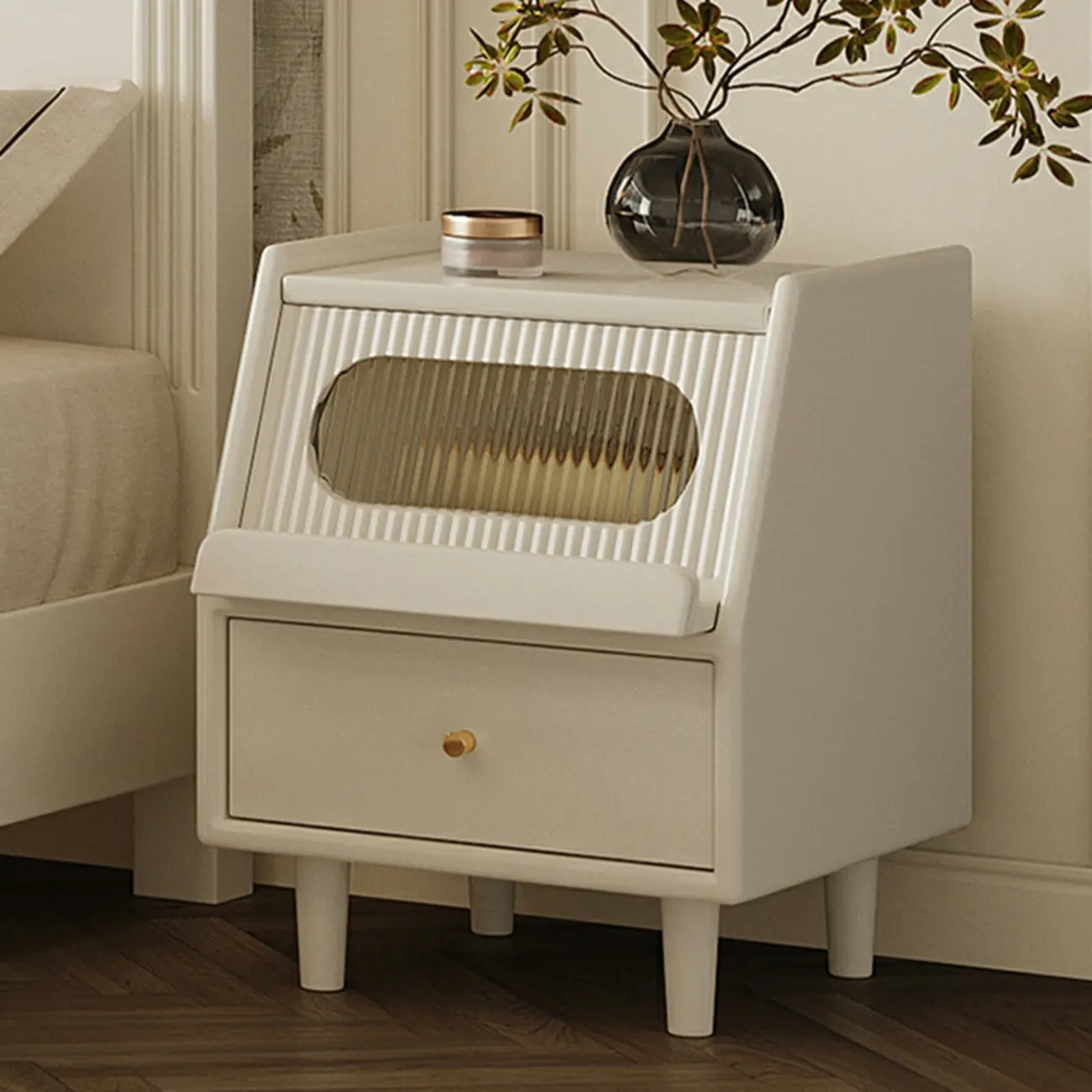 White Rubberwood 2 Drawers Narrow Nightstand with Legs Image - 3 | homeyfad