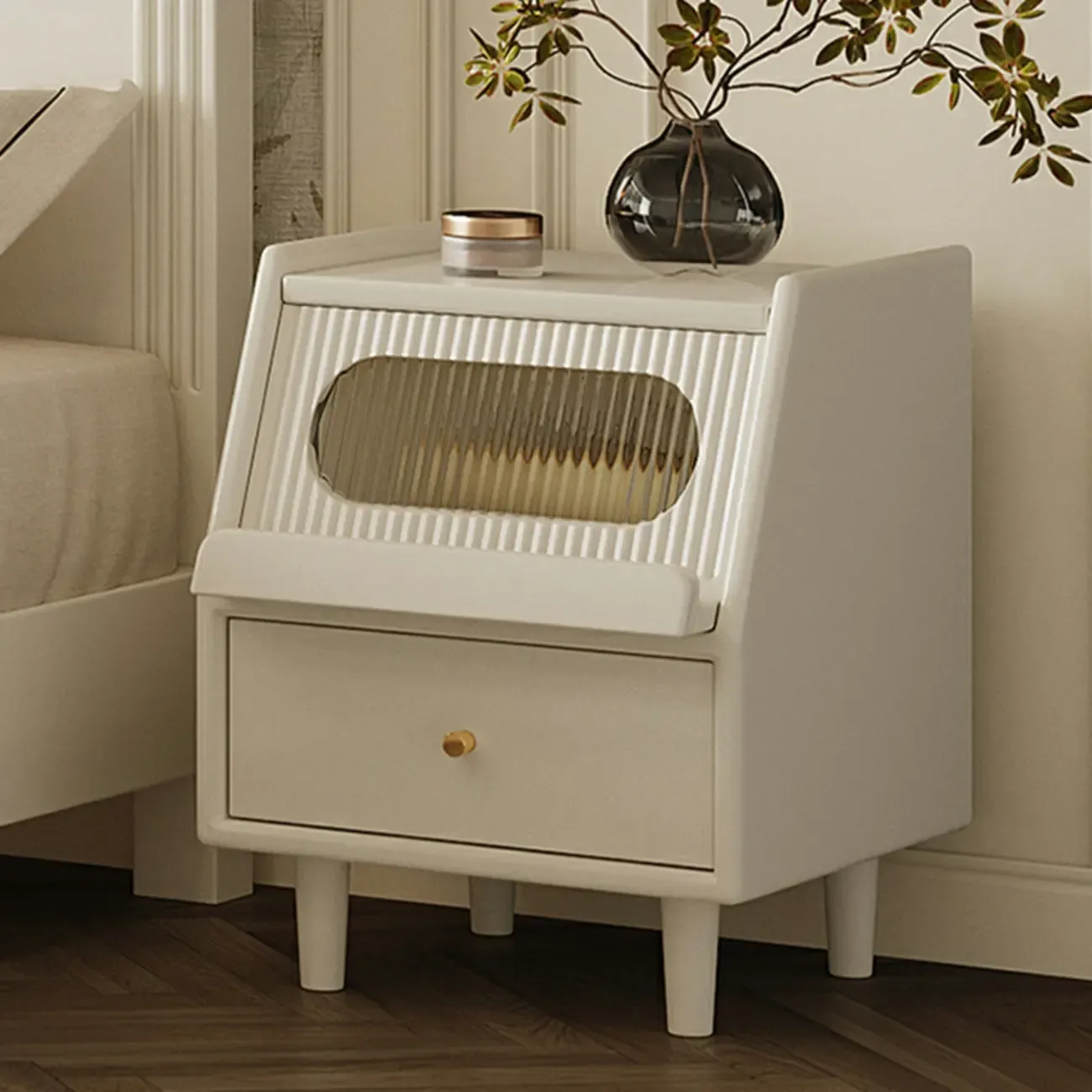 White Rubberwood 2 Drawers Narrow Nightstand with Legs Image - 3