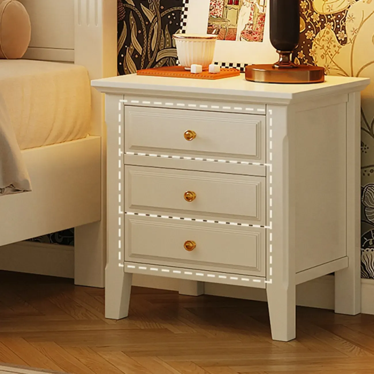White Rubberwood 2 Drawers Narrow Nightstand with Legs Image - 4