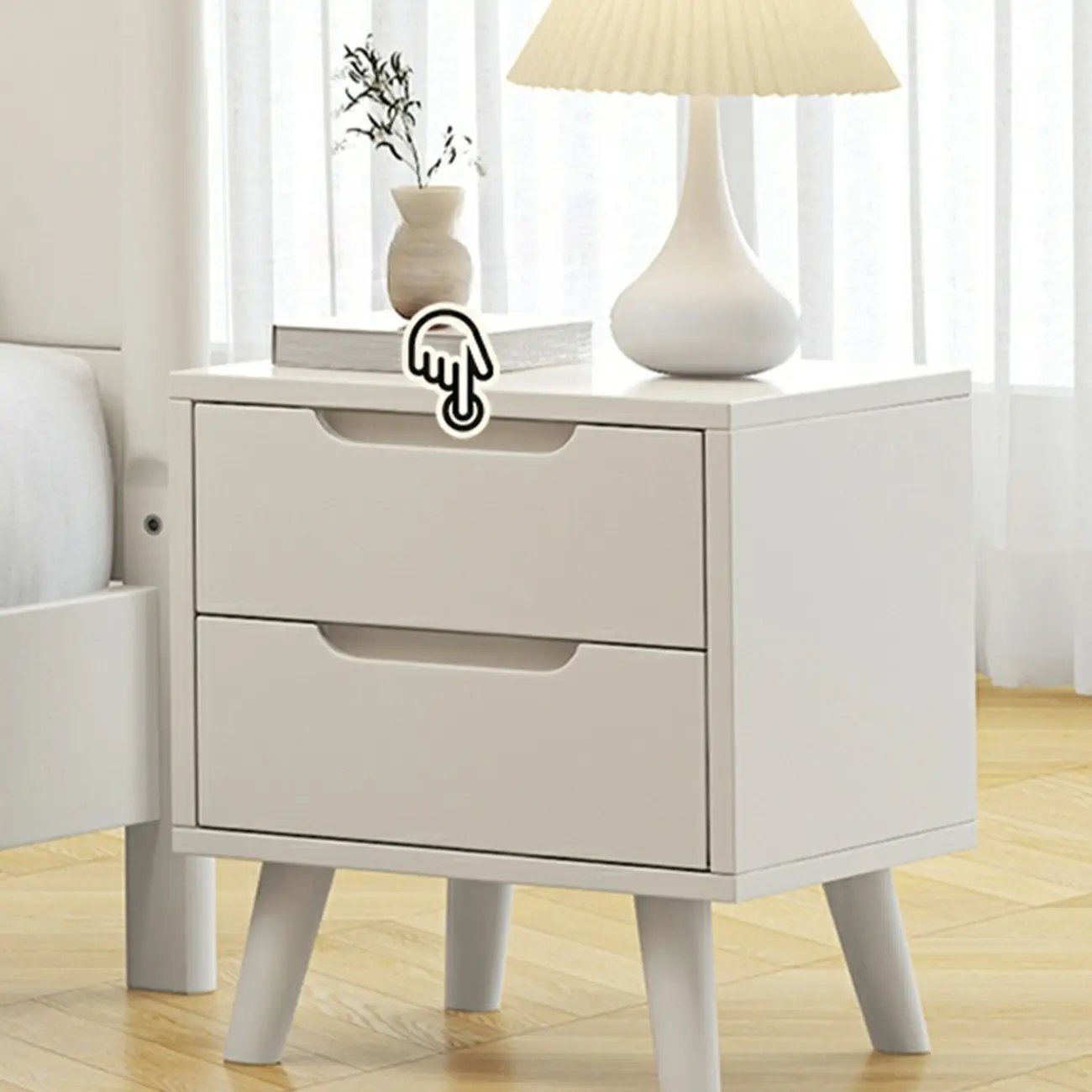 White Rubberwood 2 Drawers Narrow Nightstand with Legs Image - 5 | homeyfad