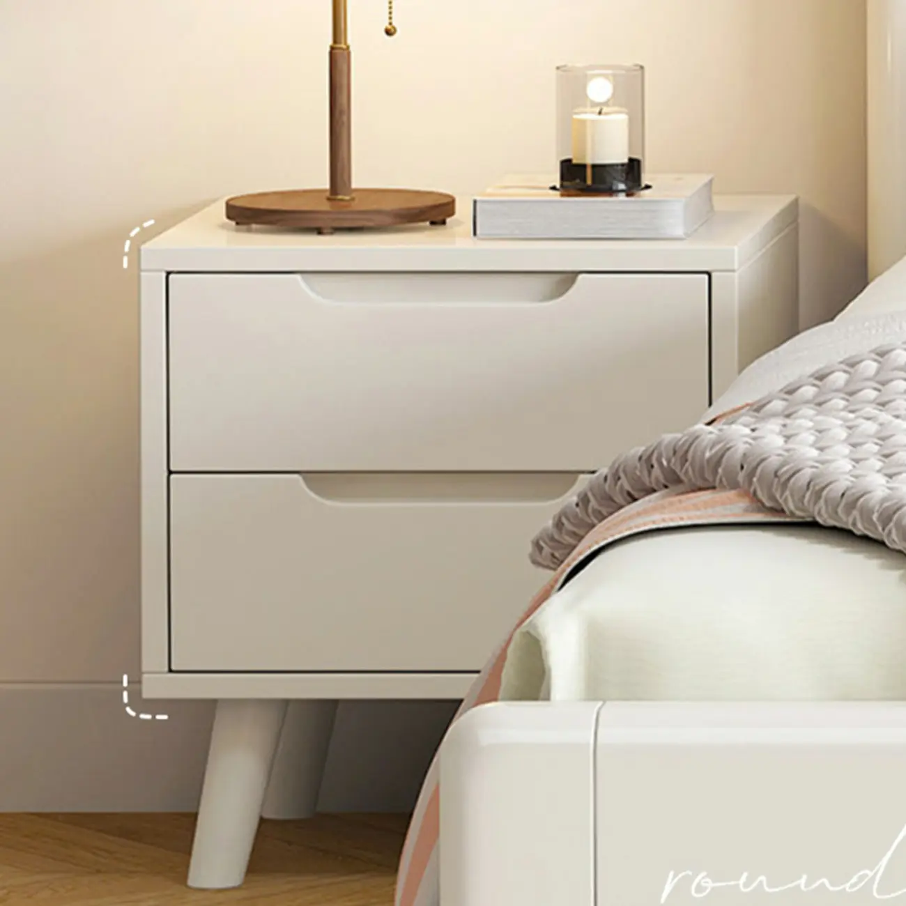 White Rubberwood 2 Drawers Narrow Nightstand with Legs Image - 10 | homeyfad