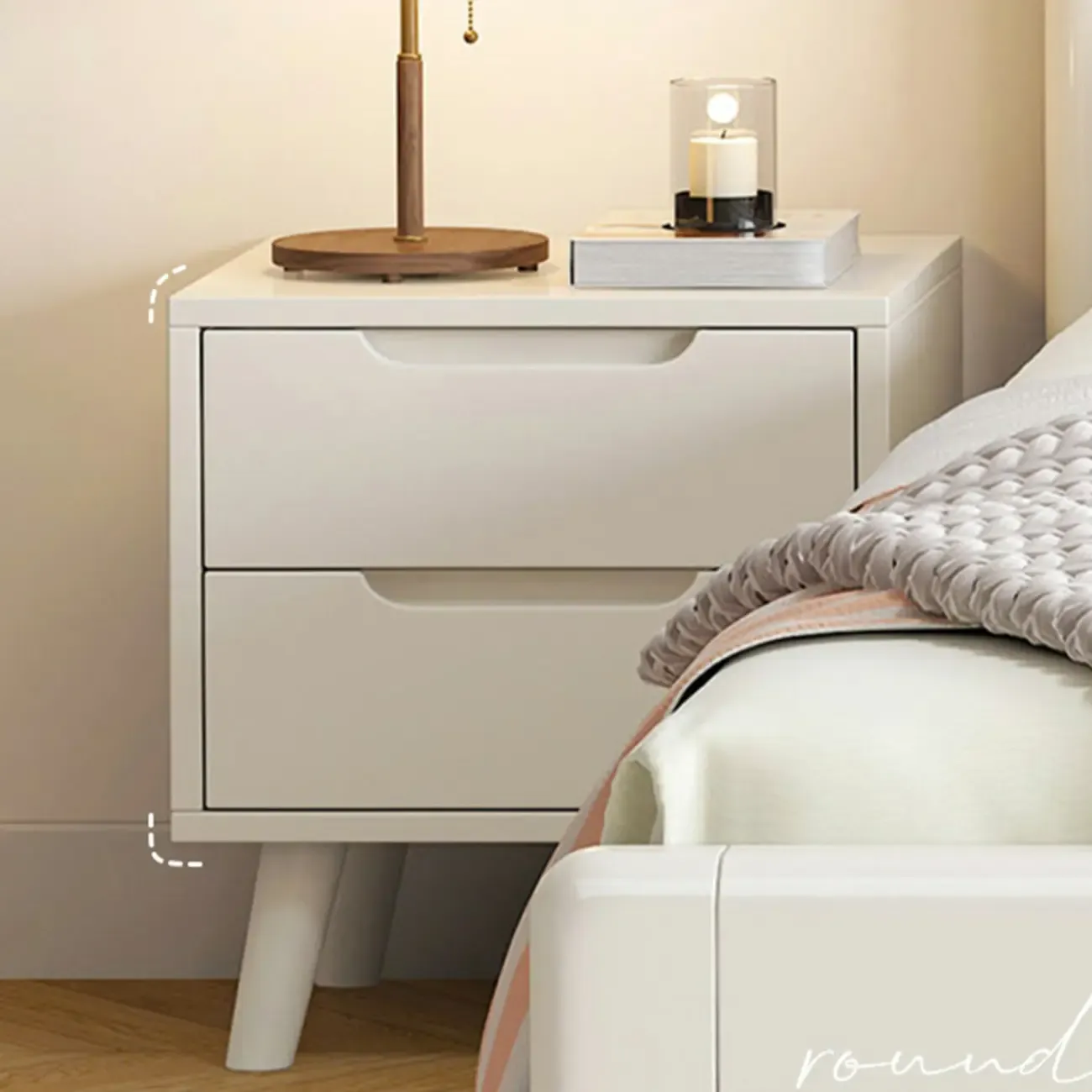 White Rubberwood 2 Drawers Narrow Nightstand with Legs Image - 10