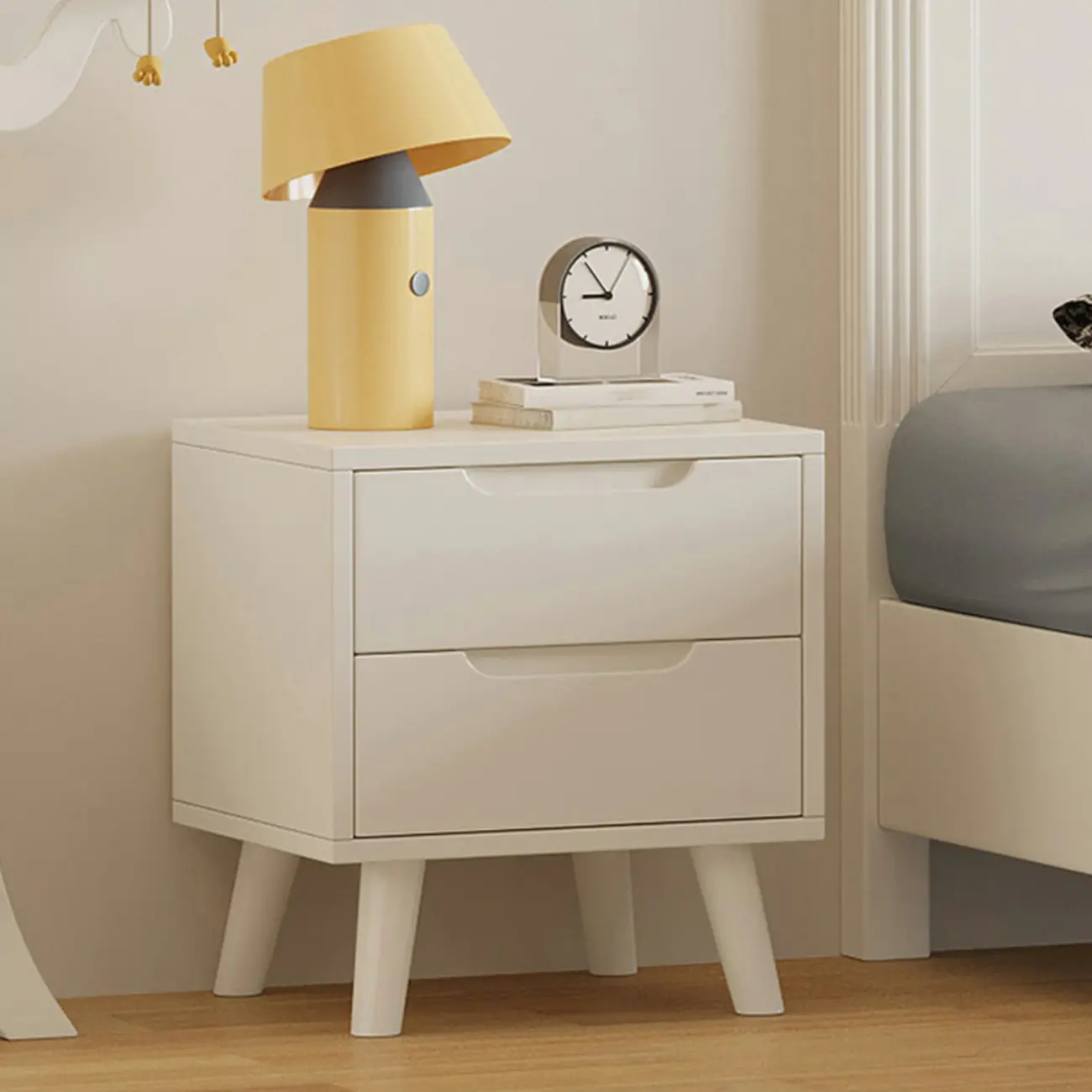 White Rubberwood 2 Drawers Narrow Nightstand with Legs Image - 11 | homeyfad