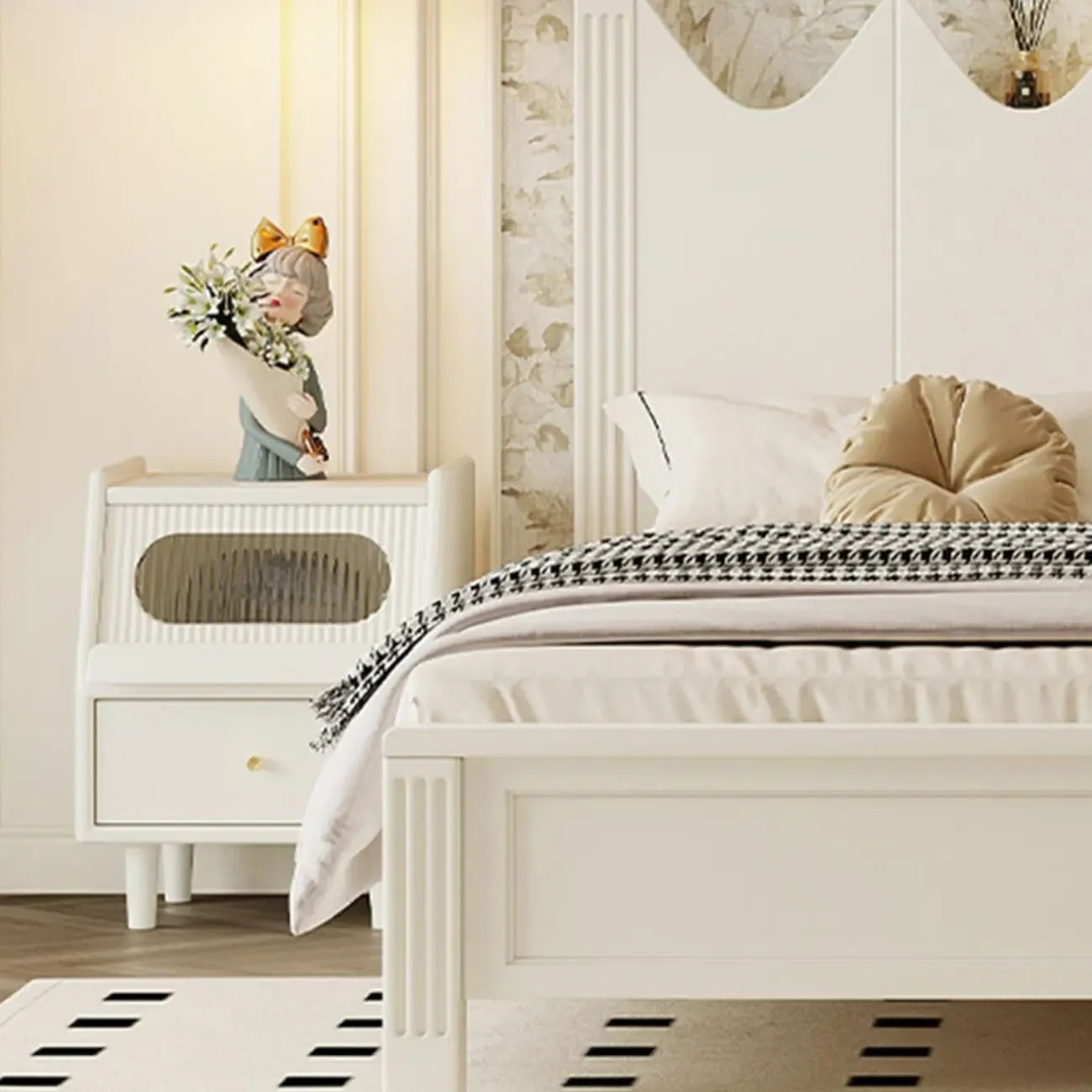 White Rubberwood 2 Drawers Narrow Nightstand with Legs Image - 12