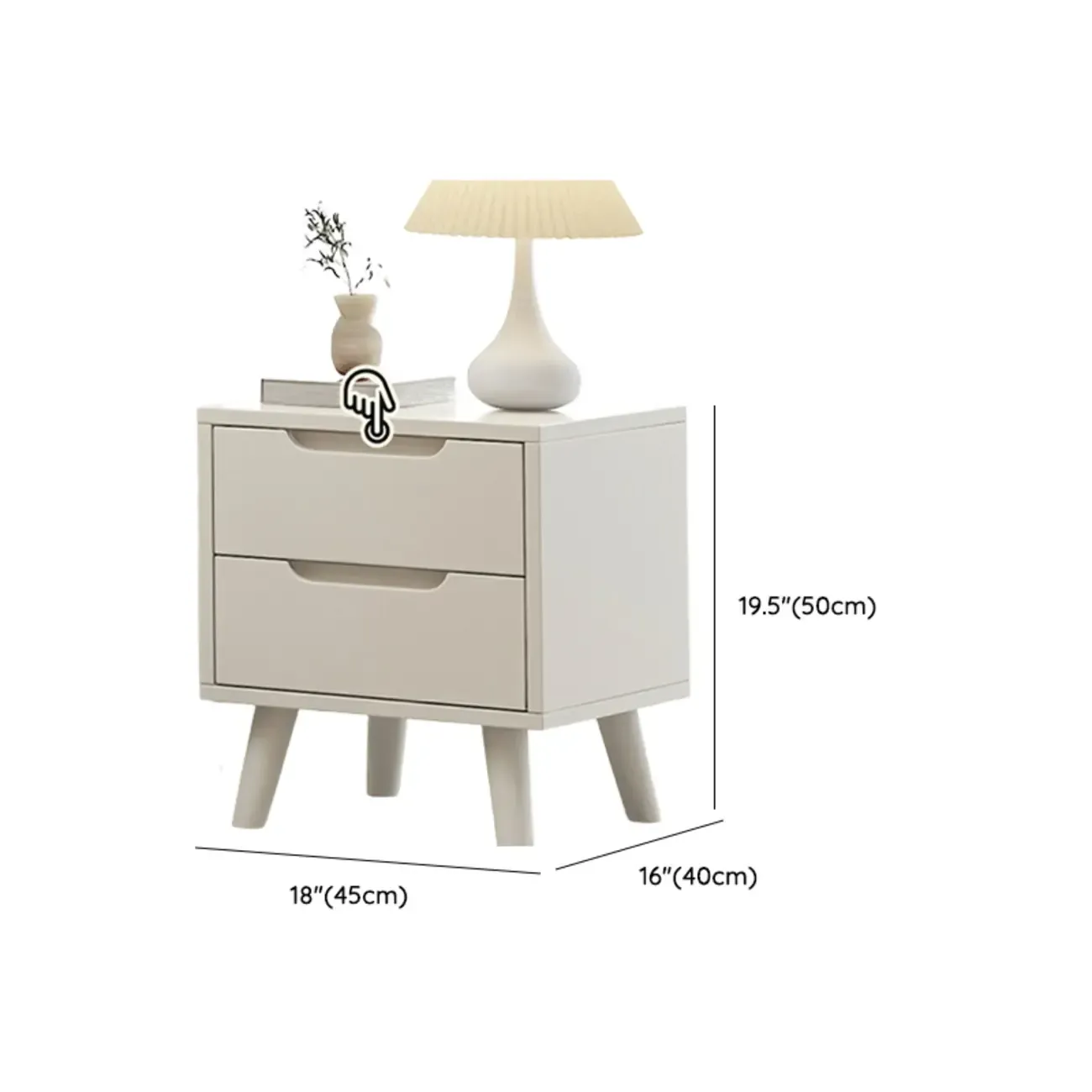 White Rubberwood 2 Drawers Narrow Nightstand with Legs Image - 14