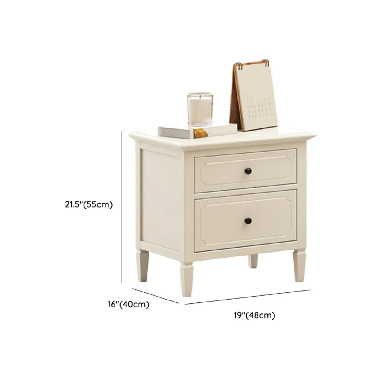 White Rubberwood 2 Drawers Narrow Nightstand with Legs Image - 15