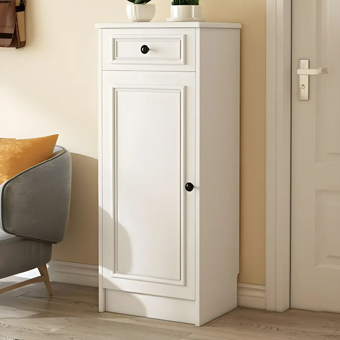 Modern Slim White Shoe Cabinet with Drawer for Hallway Image - 1