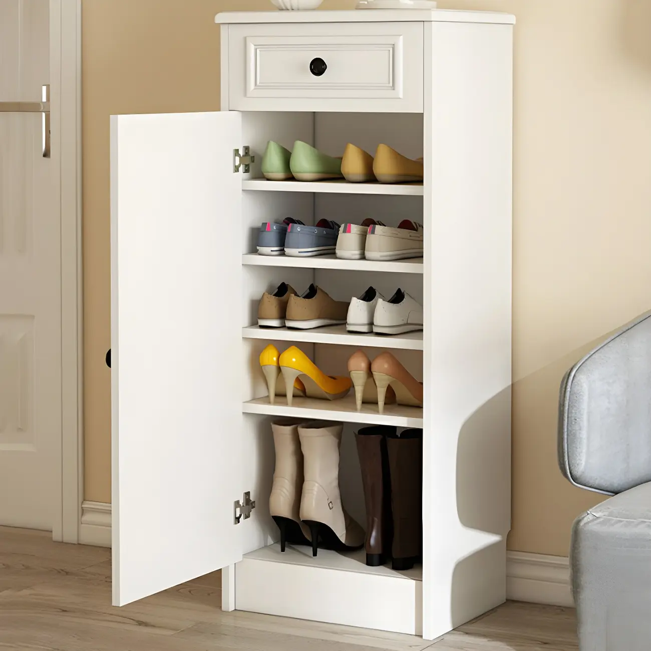 Modern Slim White Shoe Cabinet with Drawer for Hallway Image - 2 | homeyfad