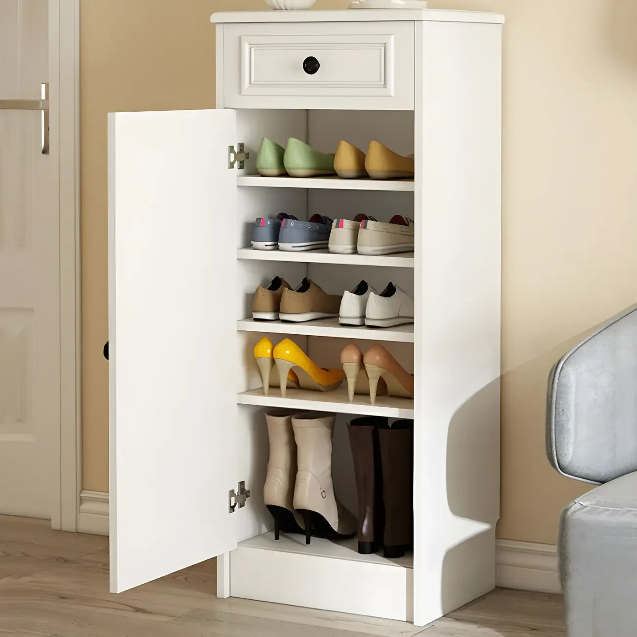 Modern Slim White Shoe Cabinet with Drawer for Hallway Image - 2