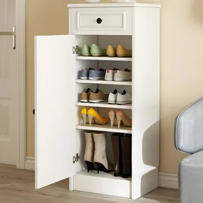 Modern Slim White Shoe Cabinet with Drawer for Hallway Image - 2