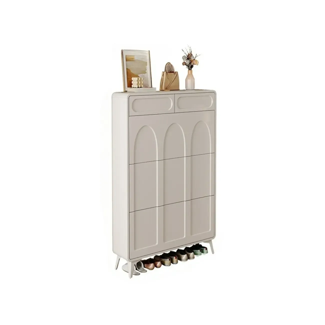 Vertical White Wooden Drop Front Shoe Cabinet Image - 4