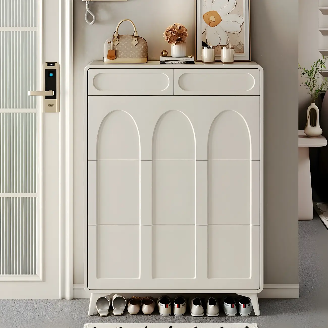 Vertical White Wooden Drop Front Shoe Cabinet Image - 2 | homeyfad