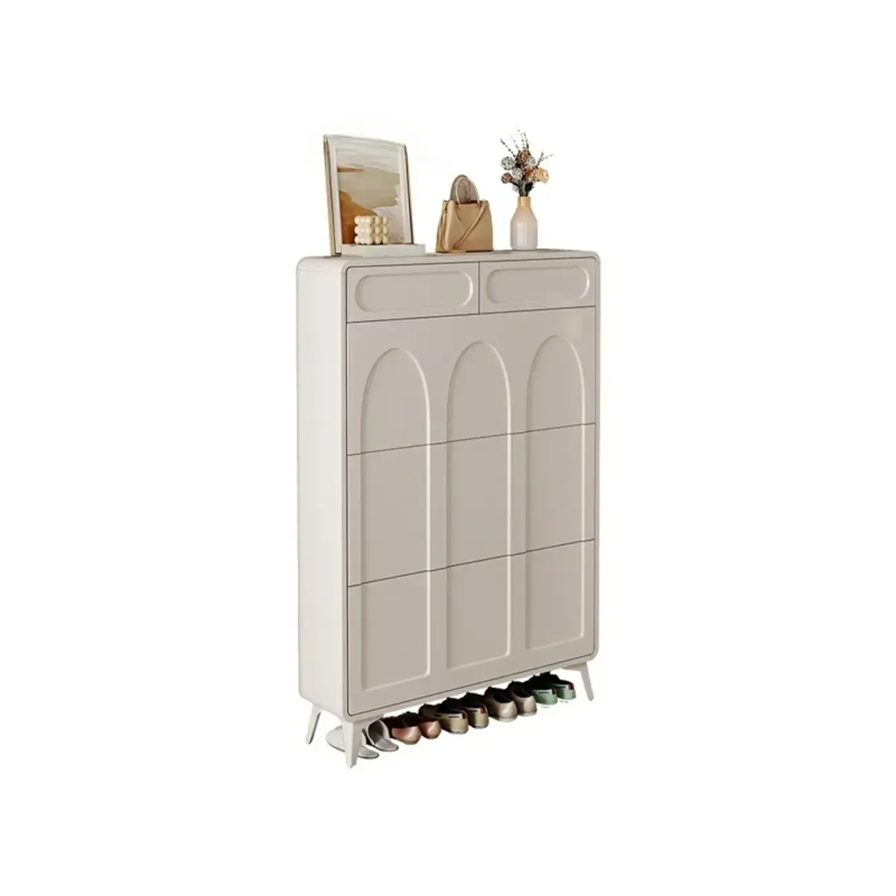 Vertical White Wooden Drop Front Shoe Cabinet Image - 5