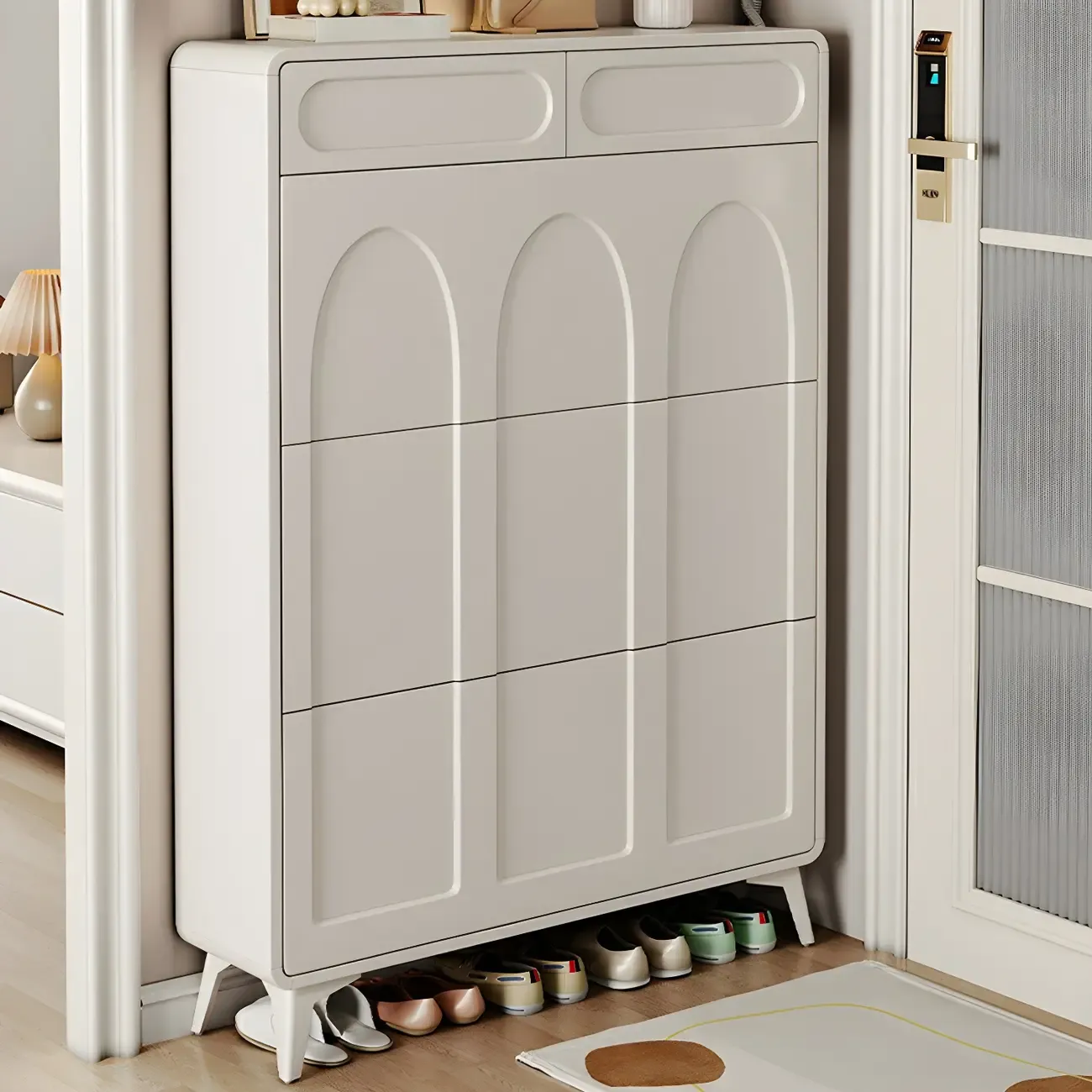 Vertical White Wooden Drop Front Shoe Cabinet Image - 6