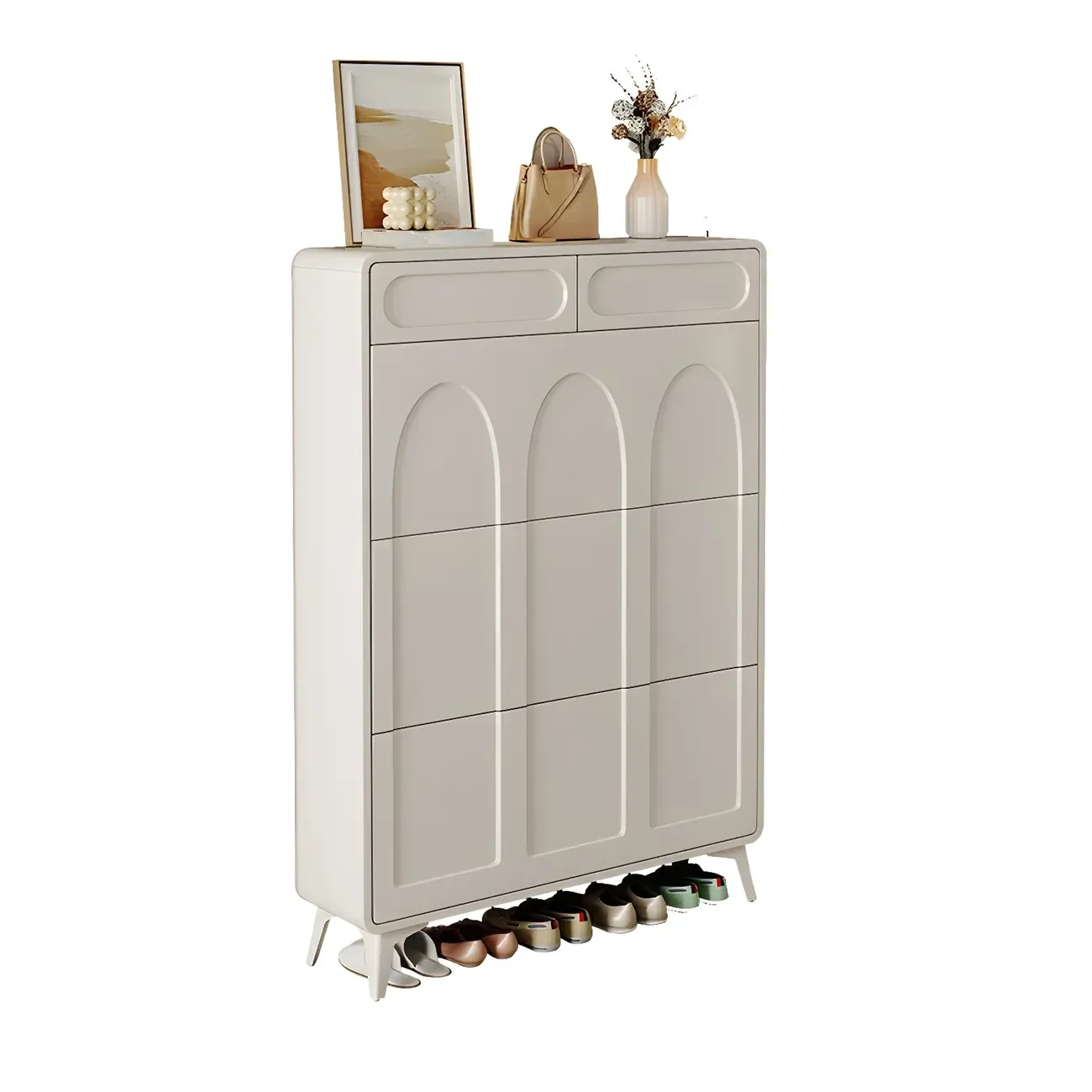 Vertical White Wooden Drop Front Shoe Cabinet Image - 9