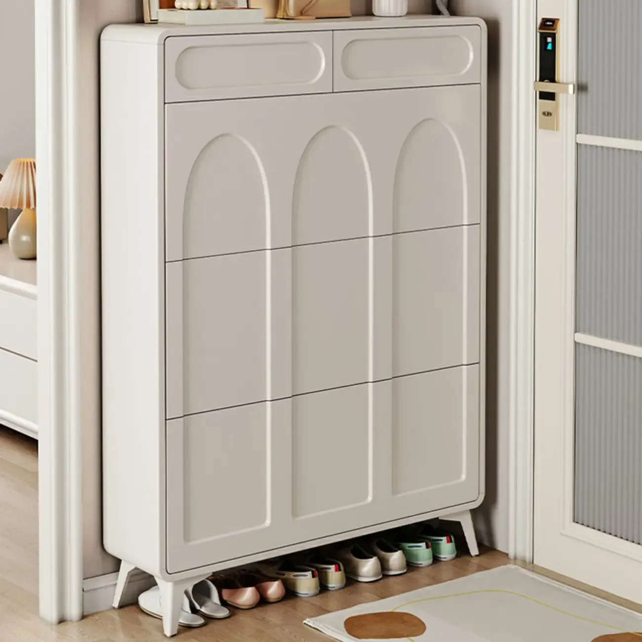 Vertical White Wooden Drop Front Shoe Cabinet Image - 10