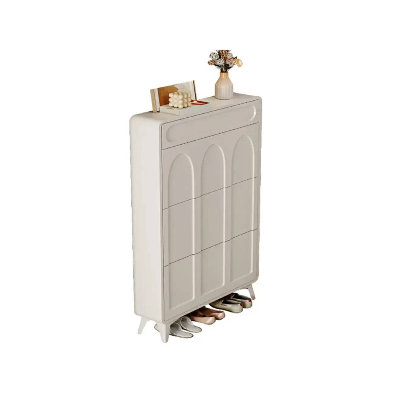 Vertical White Wooden Drop Front Shoe Cabinet Image - 16