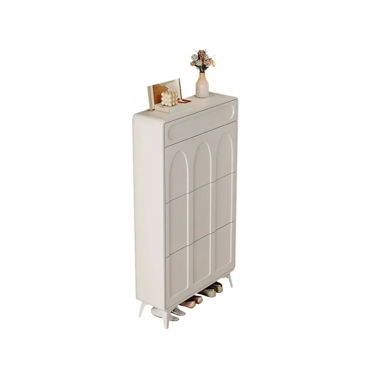 Vertical White Wooden Drop Front Shoe Cabinet Image - 17
