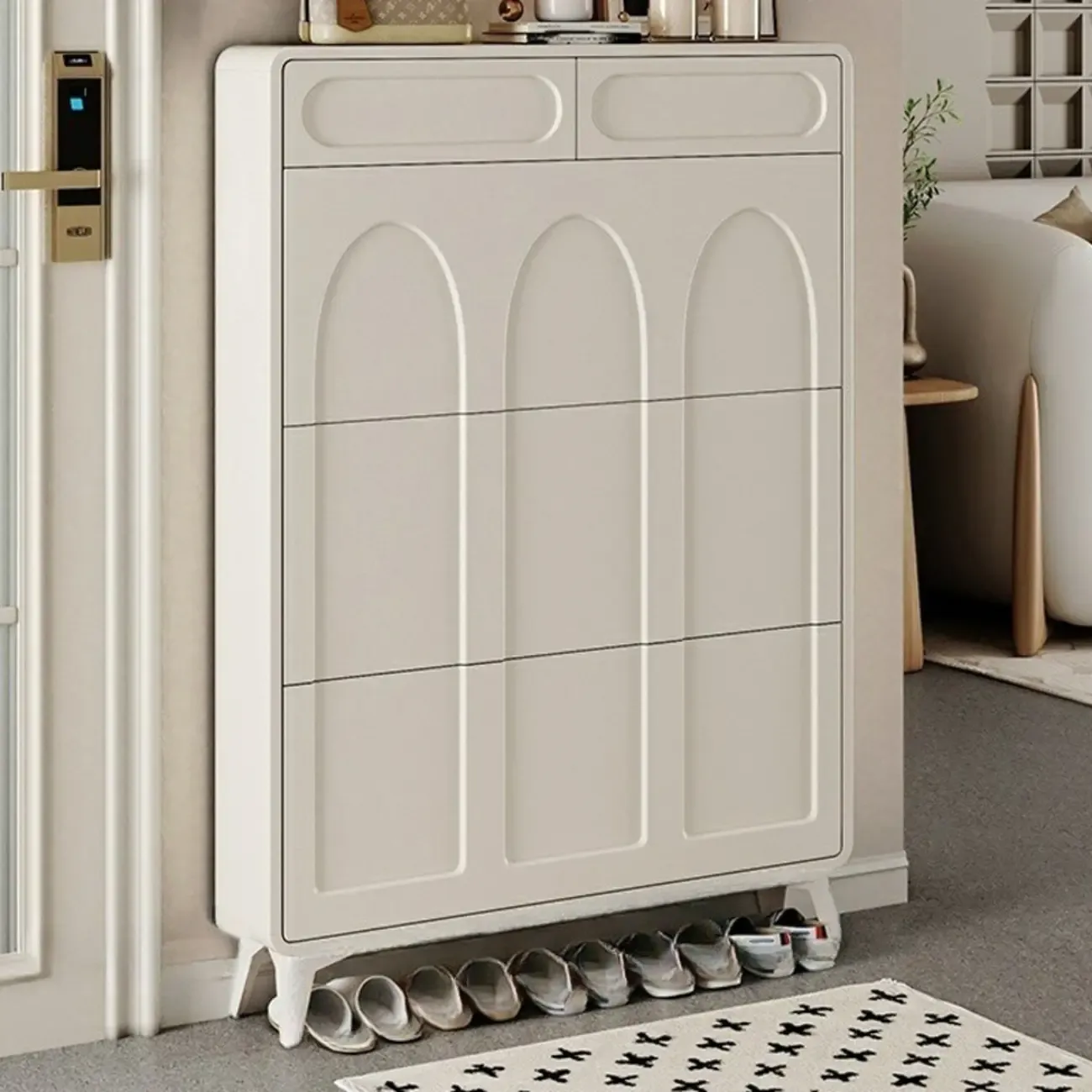 Vertical White Wooden Drop Front Shoe Cabinet Image - 20