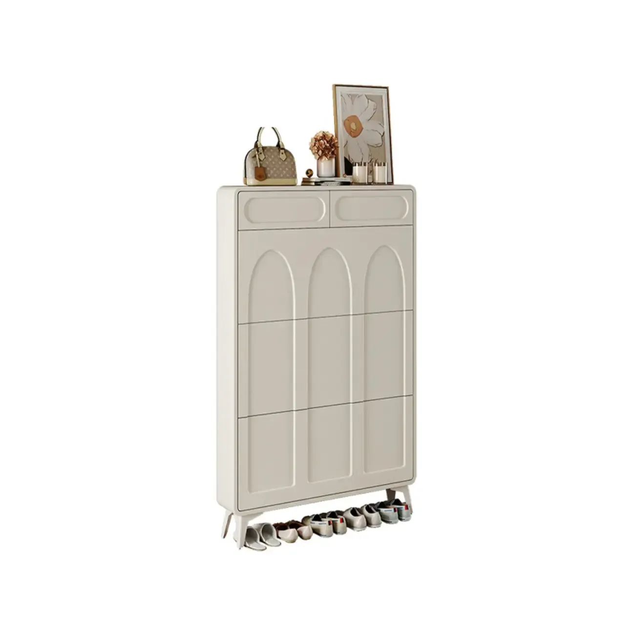 Vertical White Wooden Drop Front Shoe Cabinet Image - 23