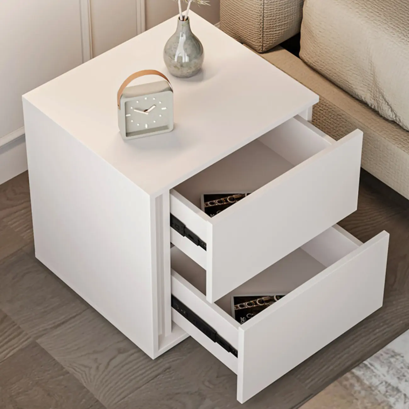 Minimalist Pure White Wood 2-Drawer Nightstand Image - 3 | homeyfad