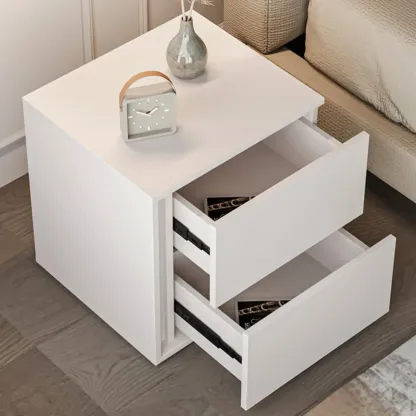 Minimalist Pure White Wood 2-Drawer Nightstand Image - 3