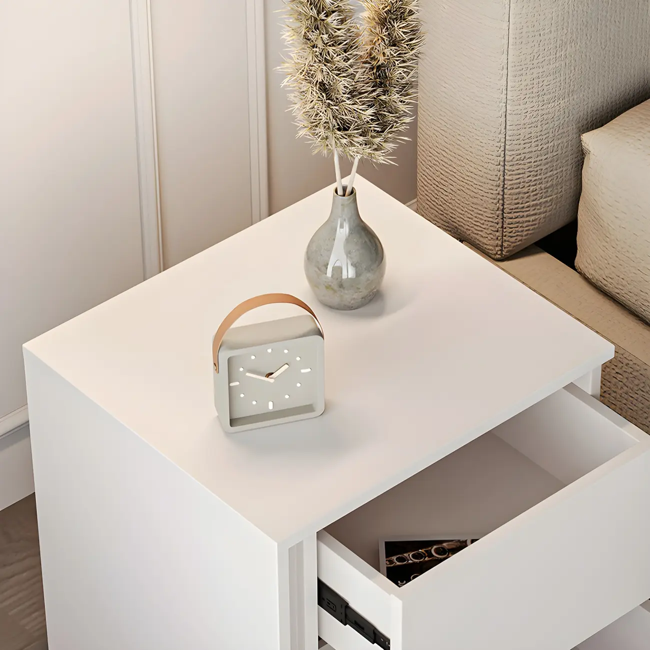 Minimalist Pure White Wood 2-Drawer Nightstand Image - 8 | homeyfad