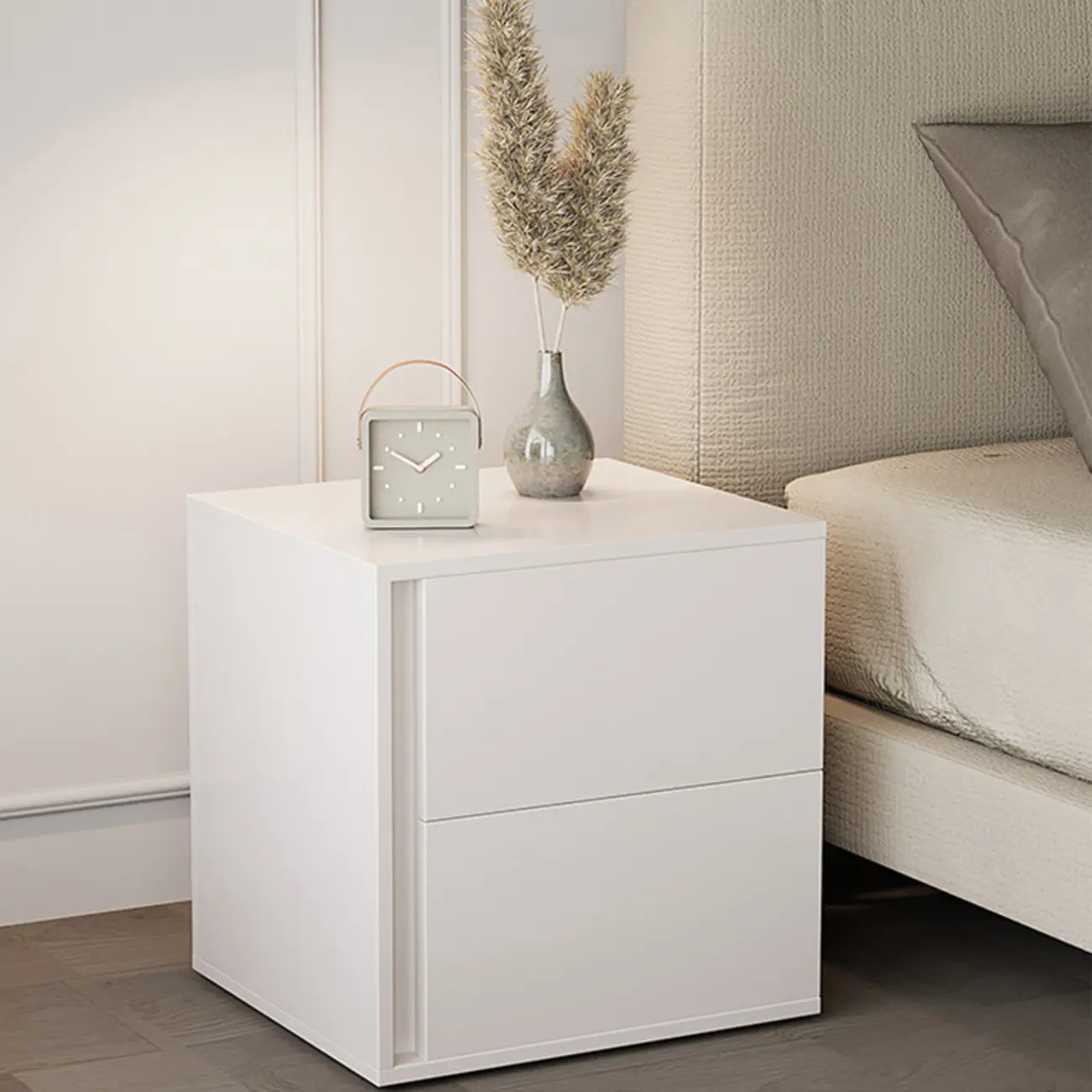 Minimalist Pure White Wood 2-Drawer Nightstand Image - 10 | homeyfad