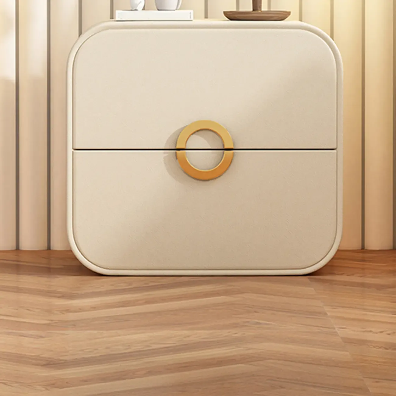 Modern Faux Leather Gold Ring Handle Nightstand with 2 Drawers Image - 1