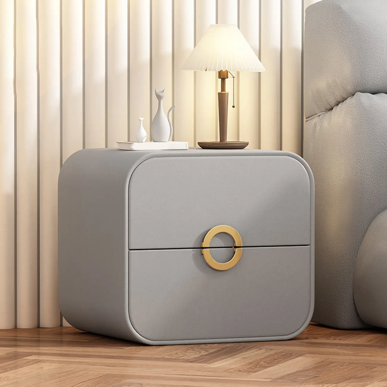 Modern Faux Leather Gold Ring Handle Nightstand with 2 Drawers Image - 7 | homeyfad