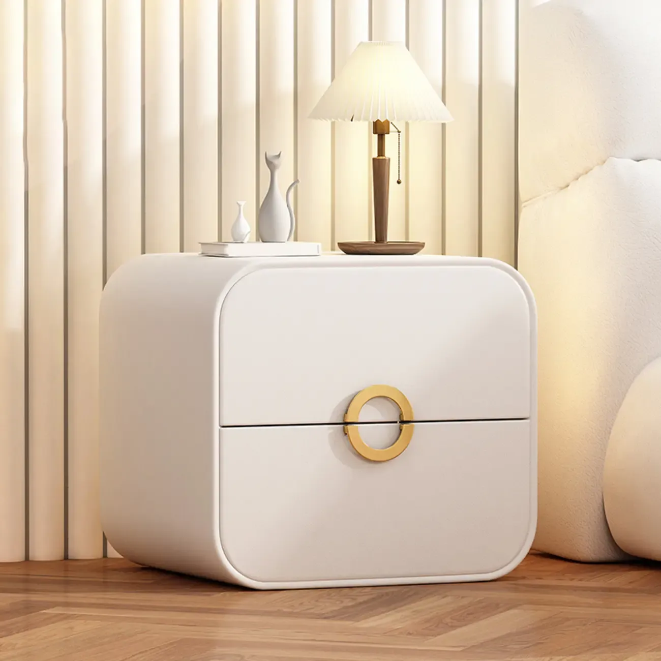 Modern Faux Leather Gold Ring Handle Nightstand with 2 Drawers Image - 8