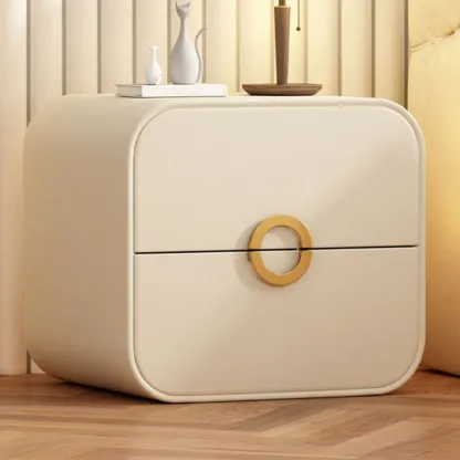 Modern Faux Leather Gold Ring Handle Nightstand with 2 Drawers Image - 2