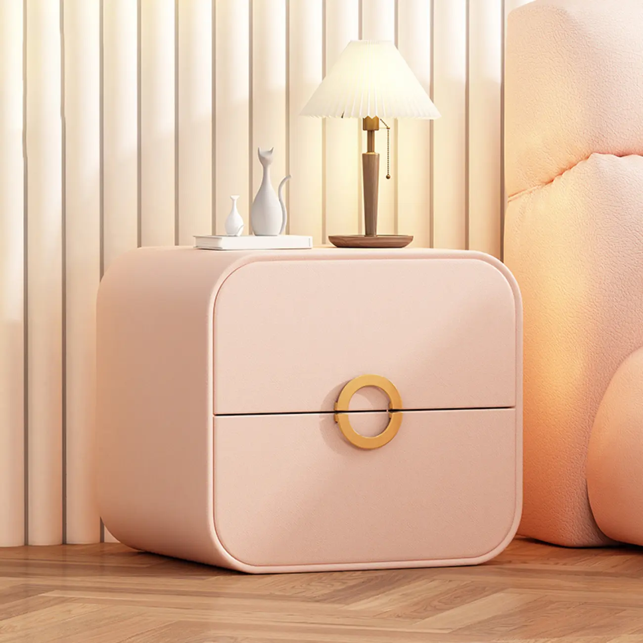 Modern Faux Leather Gold Ring Handle Nightstand with 2 Drawers Image - 9 | homeyfad