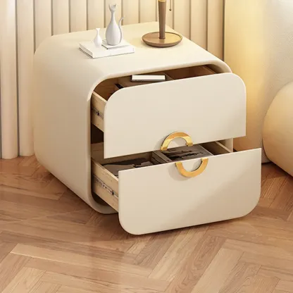 Modern Faux Leather Gold Ring Handle Nightstand with 2 Drawers Image - 3