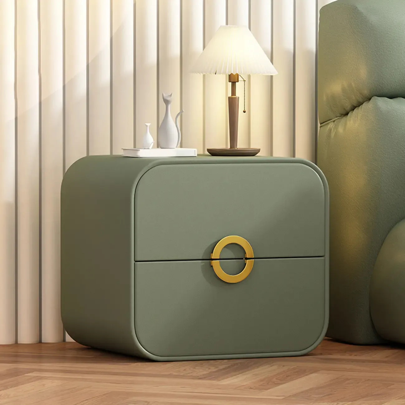 Modern Faux Leather Gold Ring Handle Nightstand with 2 Drawers Image - 10