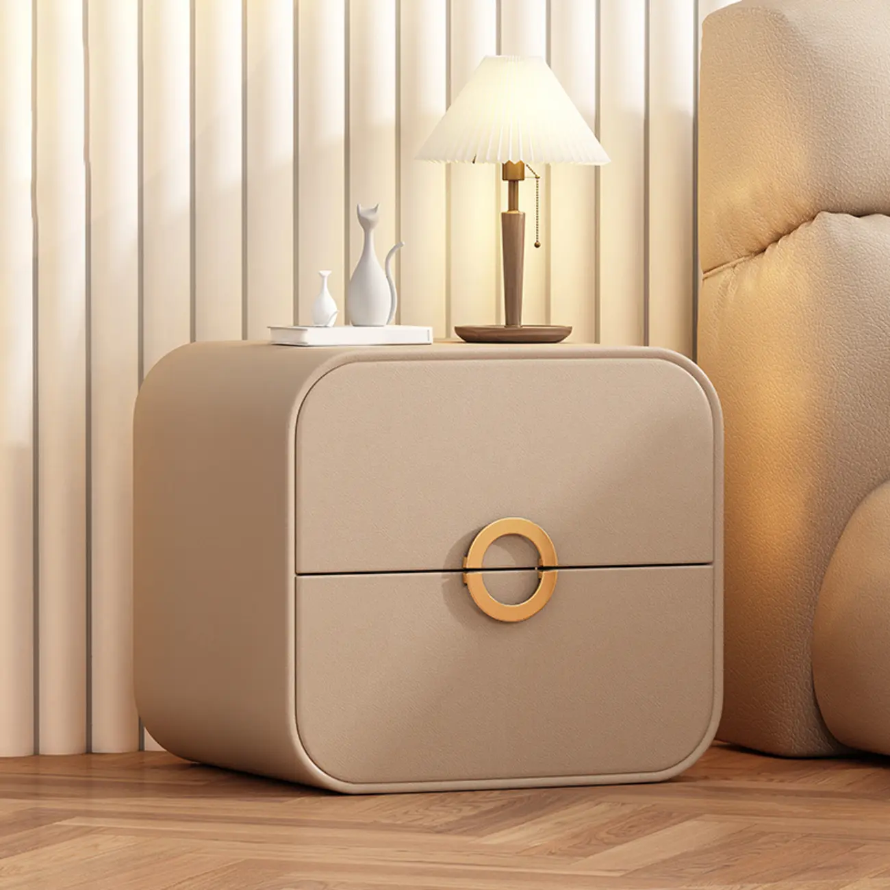 Modern Faux Leather Gold Ring Handle Nightstand with 2 Drawers Image - 11 | homeyfad