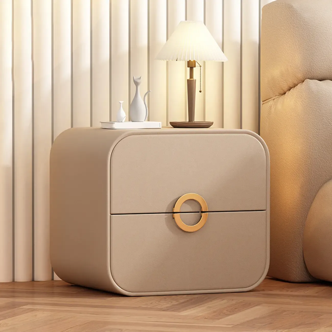 Modern Faux Leather Gold Ring Handle Nightstand with 2 Drawers Image - 11