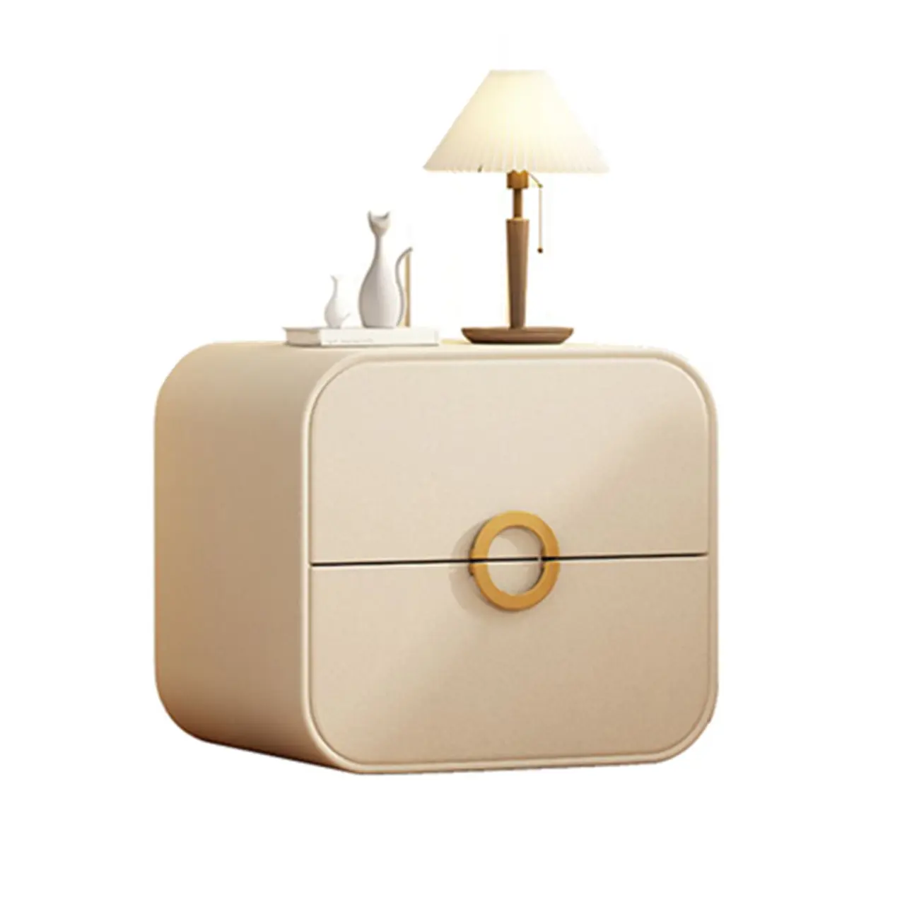 Modern Faux Leather Gold Ring Handle Nightstand with 2 Drawers Image - 15 | homeyfad