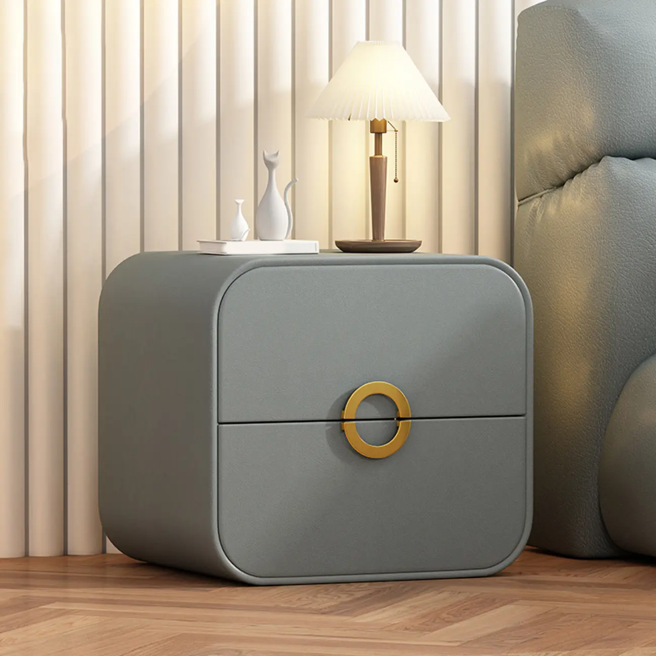 Modern Faux Leather Gold Ring Handle Nightstand with 2 Drawers Image - 12 | homeyfad