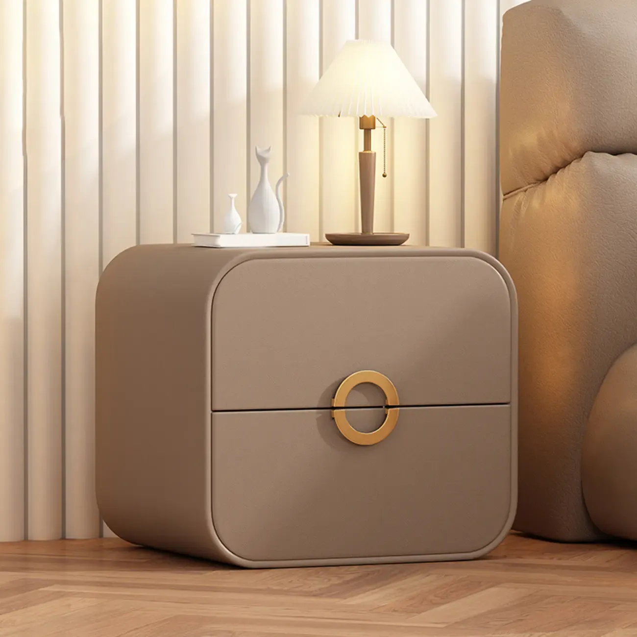 Modern Faux Leather Gold Ring Handle Nightstand with 2 Drawers Image - 13