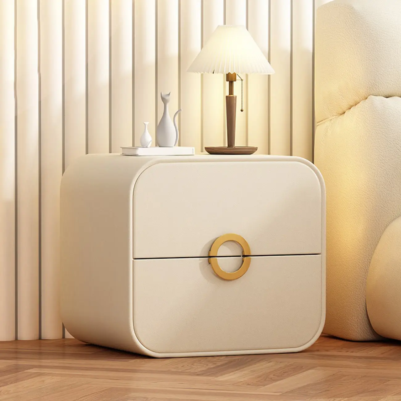 Modern Faux Leather Gold Ring Handle Nightstand with 2 Drawers Image - 14 | homeyfad