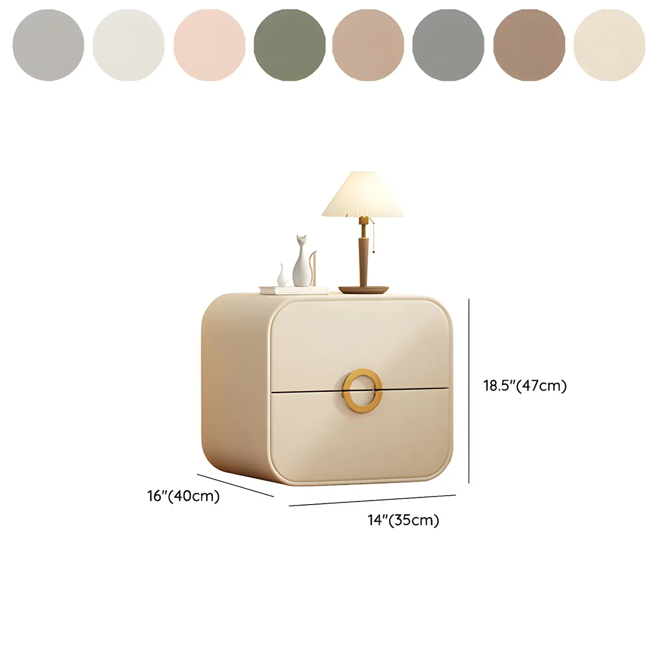 Modern Faux Leather Gold Ring Handle Nightstand with 2 Drawers #size