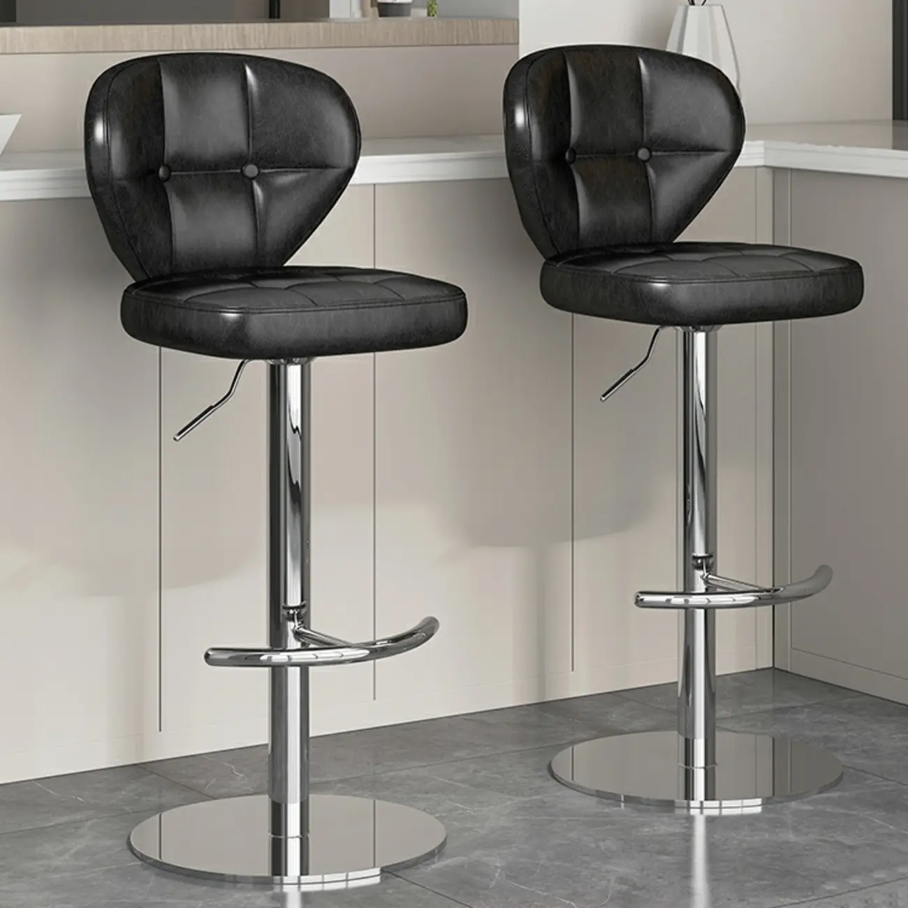 Elegant Leather Adjustable Bar Stools with Footrest for Kitchen Image - 2 | homeyfad