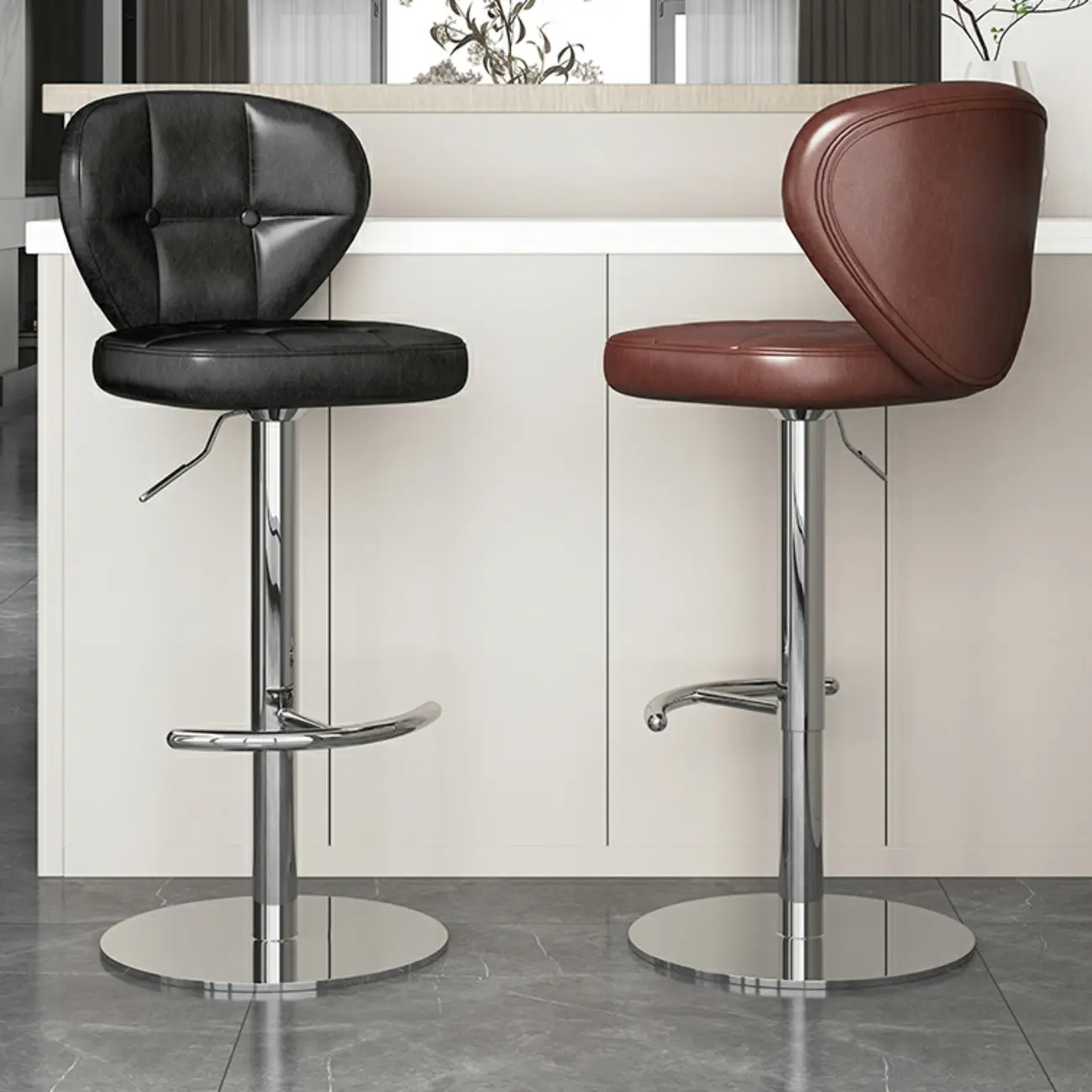 Elegant Leather Adjustable Bar Stools with Footrest for Kitchen Image - 1 | homeyfad