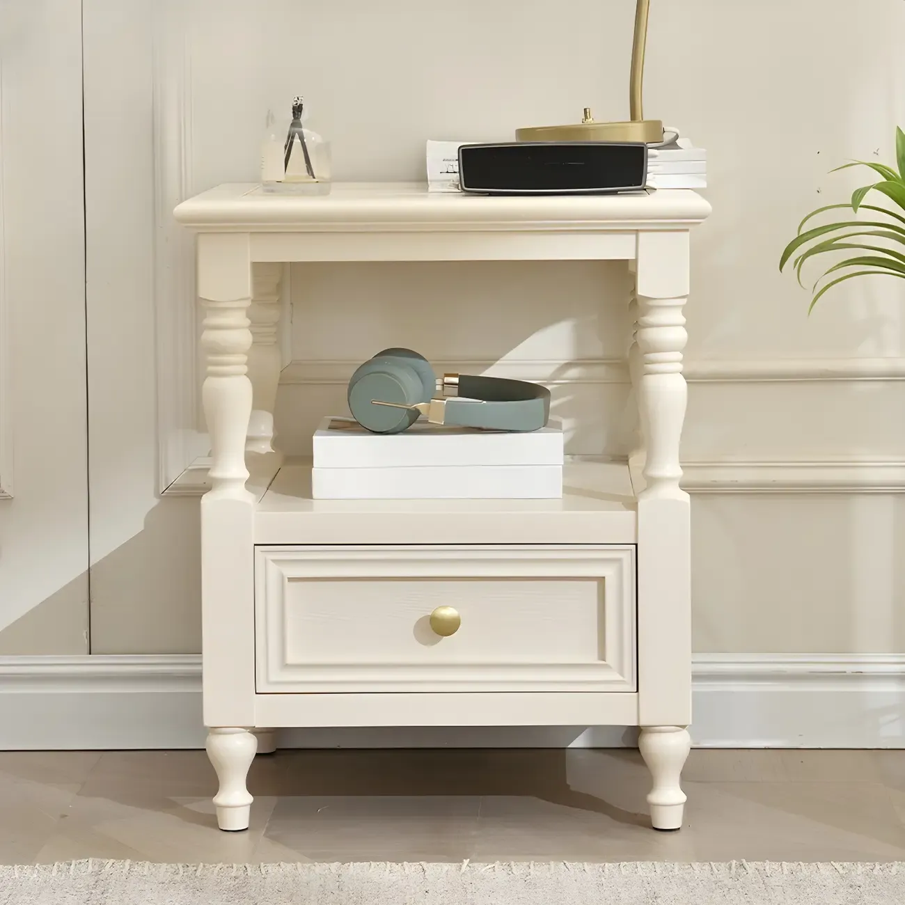 Elegant White Wood Open Storage Nightstand with Drawer Image - 1